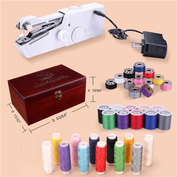 Handheld Sewing Machine, with Elegant Wooden Box and 153-Piece Sewing Kit, Mini - Picture 3 of 7